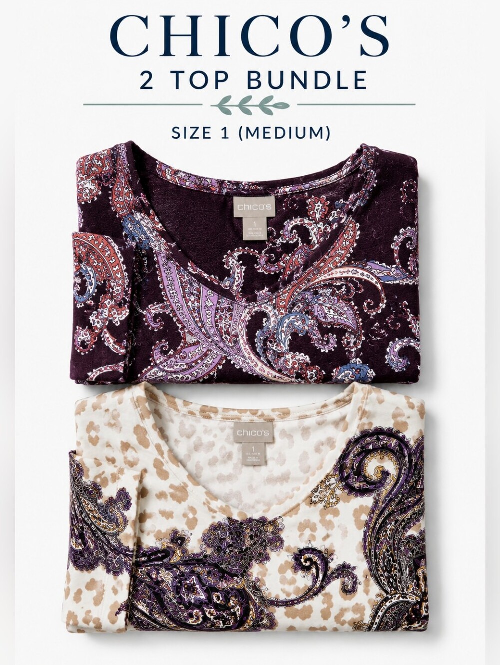 Chico's 2 Top Bundle Size 1 M Paisley 3/4 Sleeve Stretch Travel Career Tops
